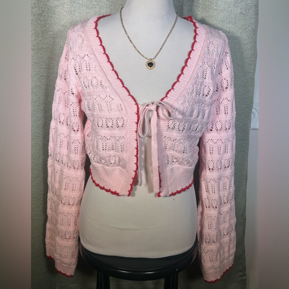 Crochet Cardigan Sweater with Red Trim